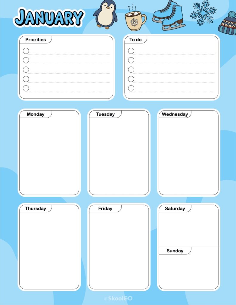 Printable January weekly planner with priorities and to-do list