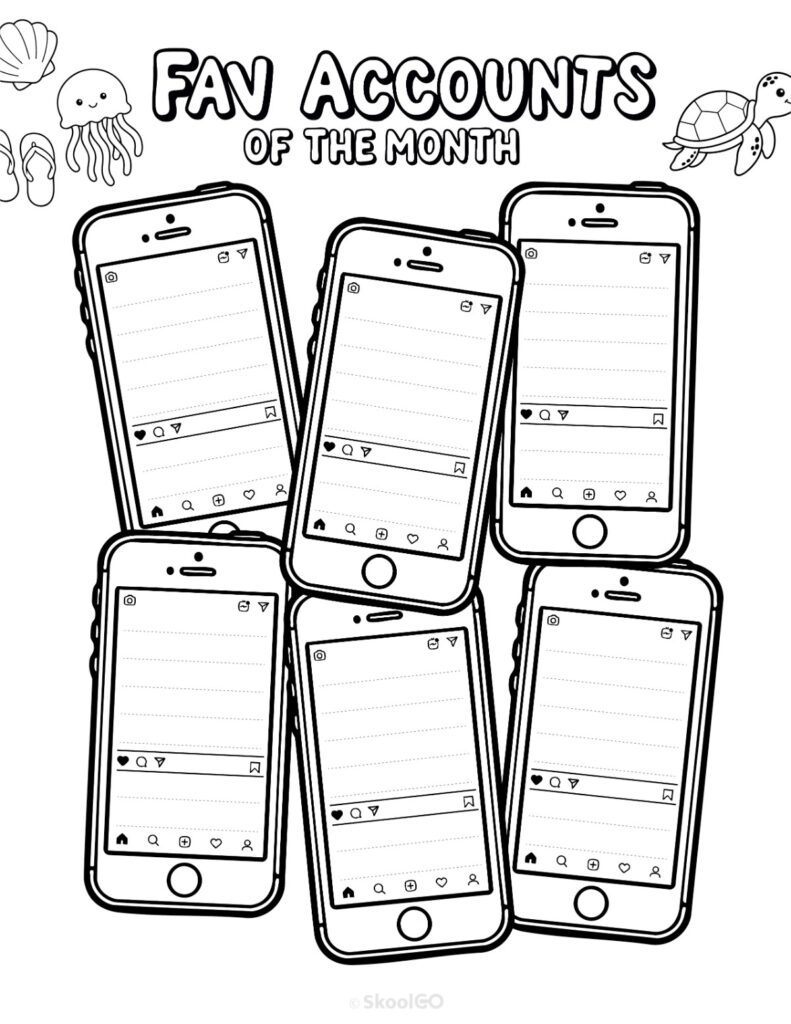 July Fav Accounts Page Black and White Printable July social networks fav accounts page for journaling, planning, and reminders in black and white