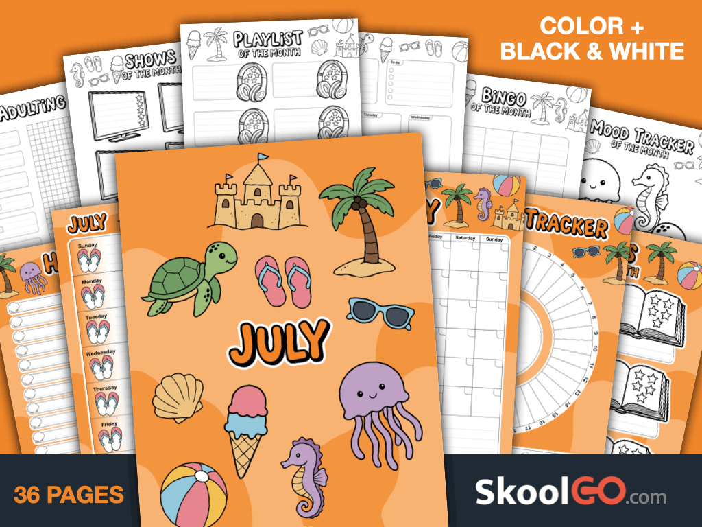 Free Printable July Journal Planner Bundle with calendars, trackers, journals, and planning pages