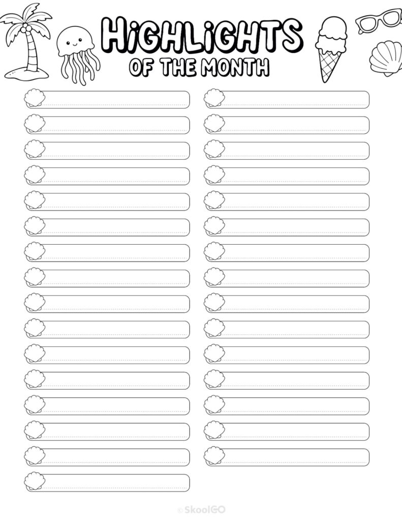 July Highlights Page Black and White Printable July highlights page for journaling, planning, and reminders in black and white