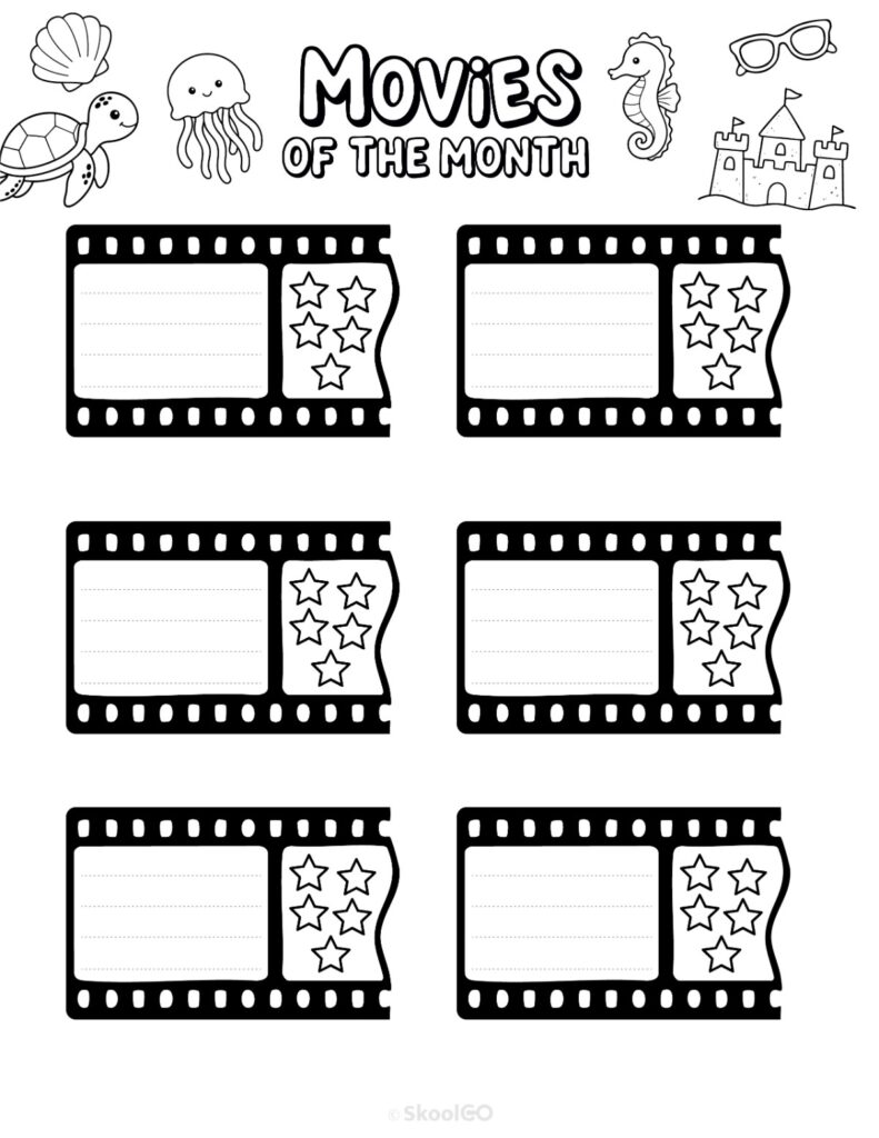 July Movies Page Black and White Printable July movies page for journaling, planning, and reminders in black and white