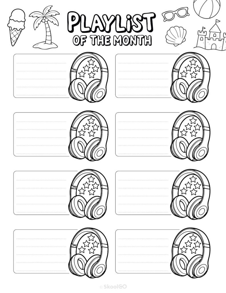 July Playlists Page Black and White Printable July playlists page for journaling, planning, and reminders in black and white
