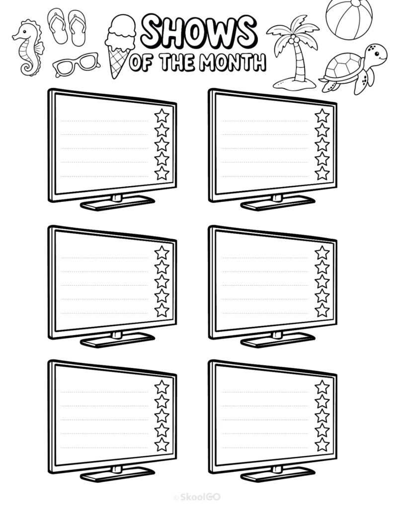 July Shows Page Black and White Printable July shows for journaling, planning, and reminders in black and white