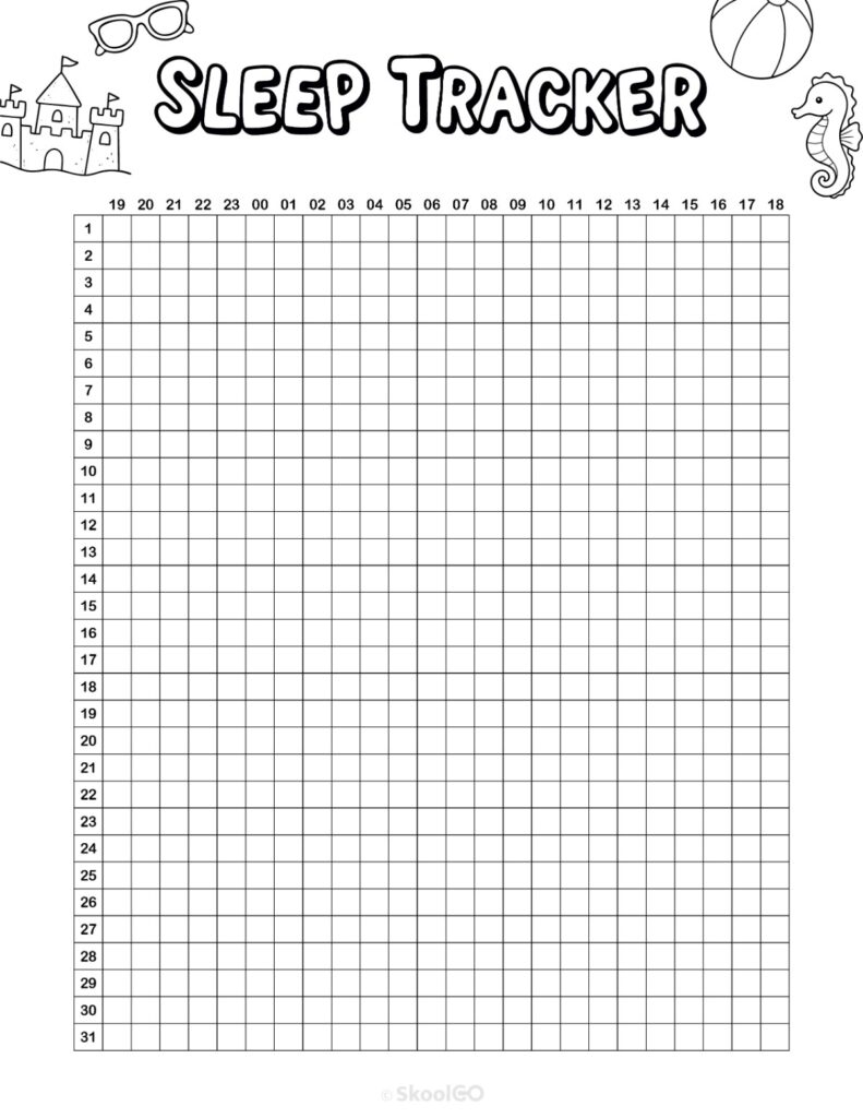 Printable July sleep tracker planner page in black and white