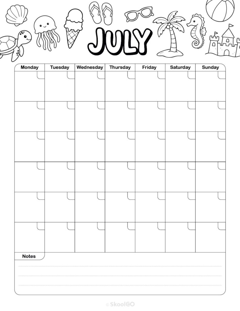 Monthly Journal Planning Page Black and White July monthly journal planner printable page in black and white
