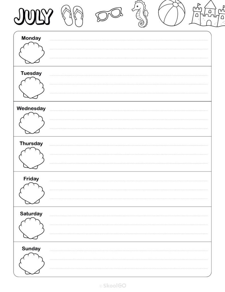 July Weekly Calendar Monday Start Black and White Printable July weekly planner with Monday start and notes section in black and white