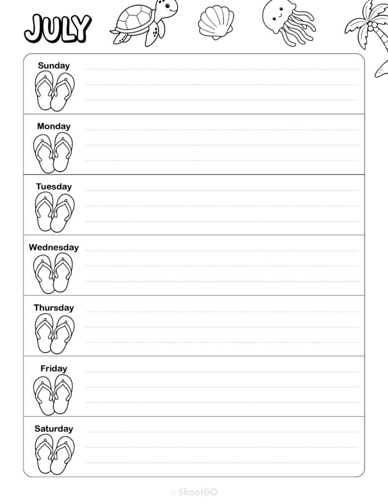 July Weekly Calendar Sunday Start Black and White Printable July weekly planner with Sunday start and notes section in black and white