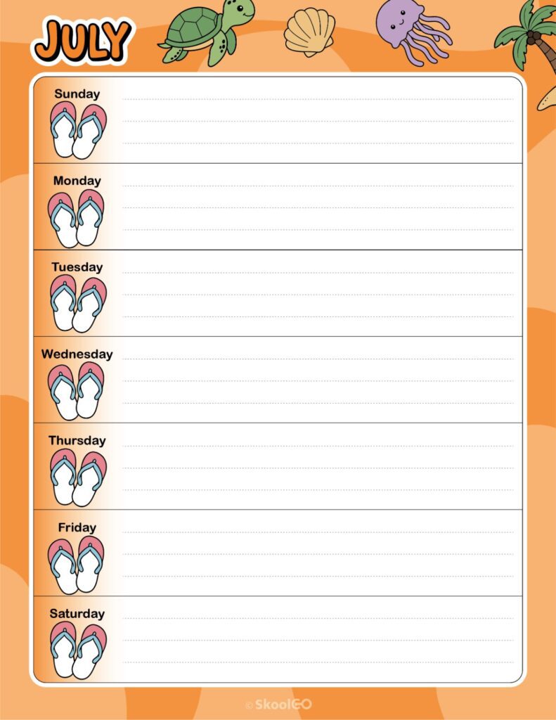 July Weekly Calendar Sunday Start Printable July weekly planner with Sunday start and notes section