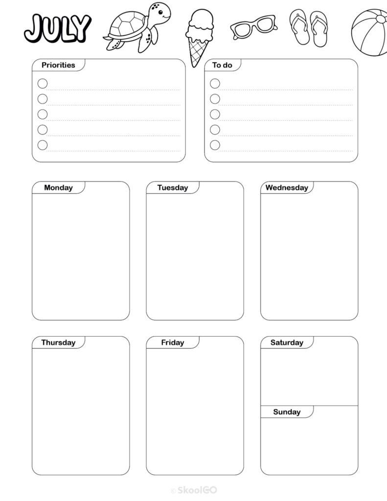 July Weekly Planner Black and White Printable July weekly planner with priorities and to-do list in black and white