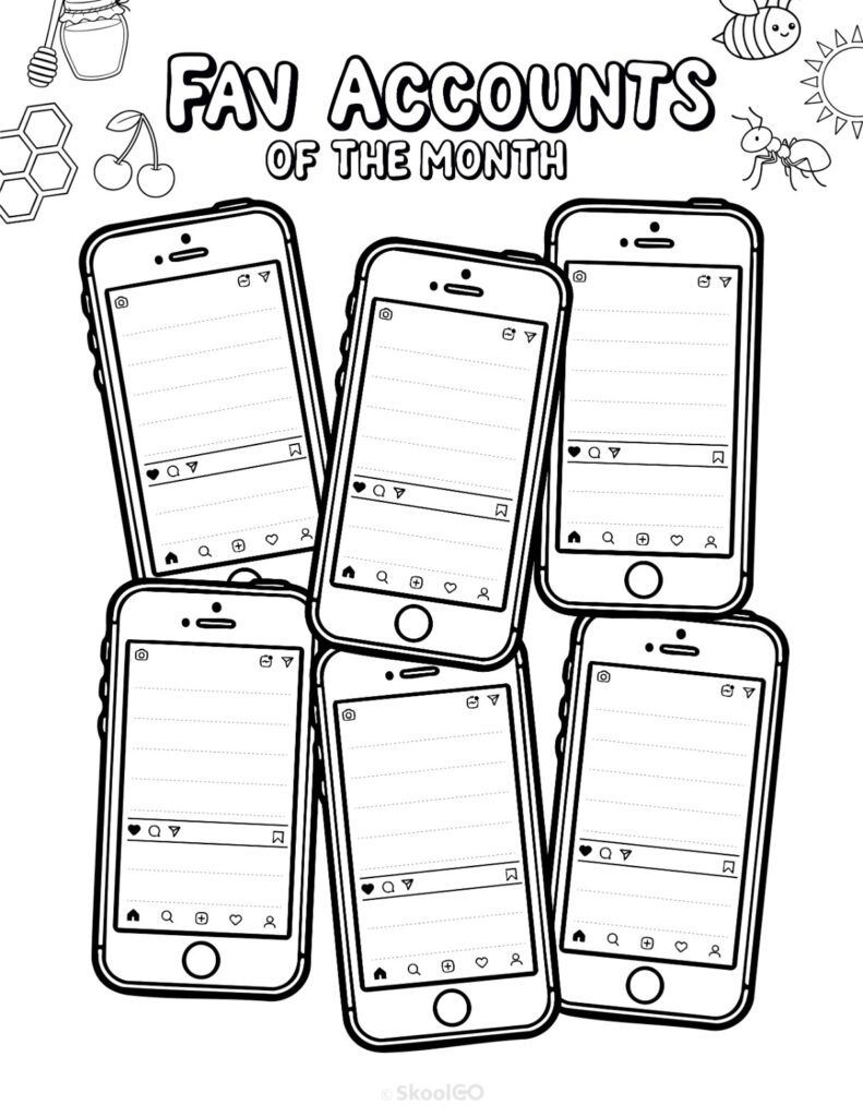 June Fav Accounts Page Black and White Printable June social networks fav accounts page for journaling, planning, and reminders in black and white