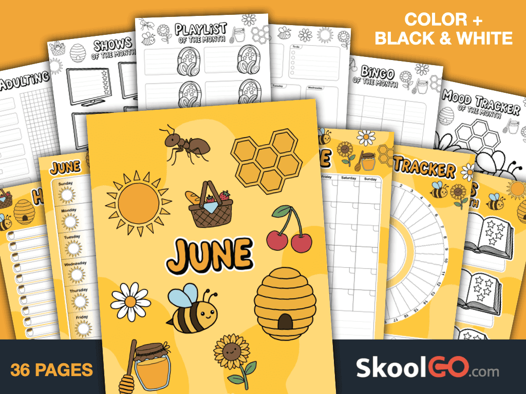 Free Printable June Journal Planner Bundle with calendars, trackers, journals, and planning pages