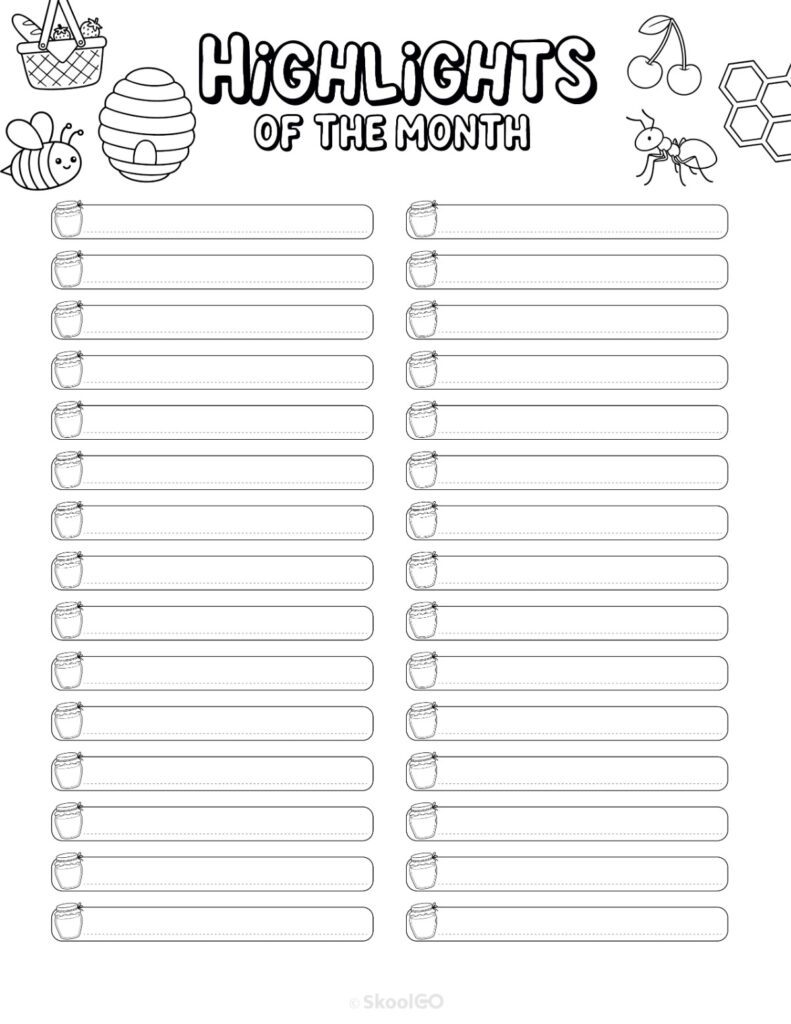 June Highlights Page Black and White Printable June highlights page for journaling, planning, and reminders in black and white