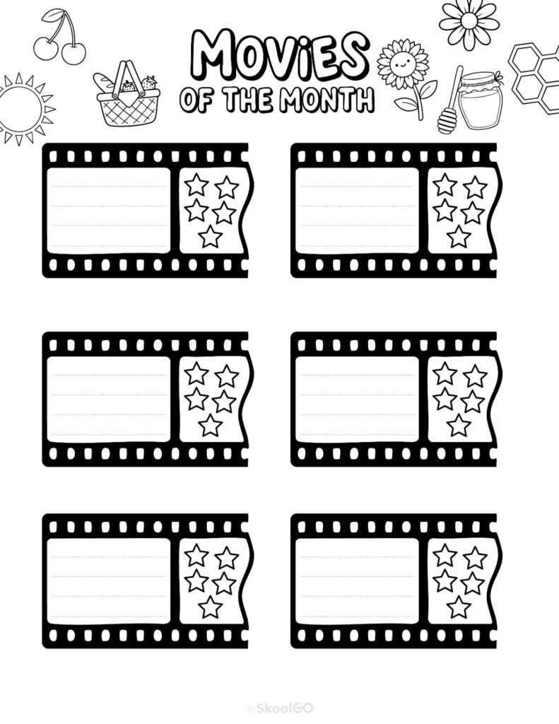 June Movies Page Black and White Printable June movies page for journaling, planning, and reminders in black and white