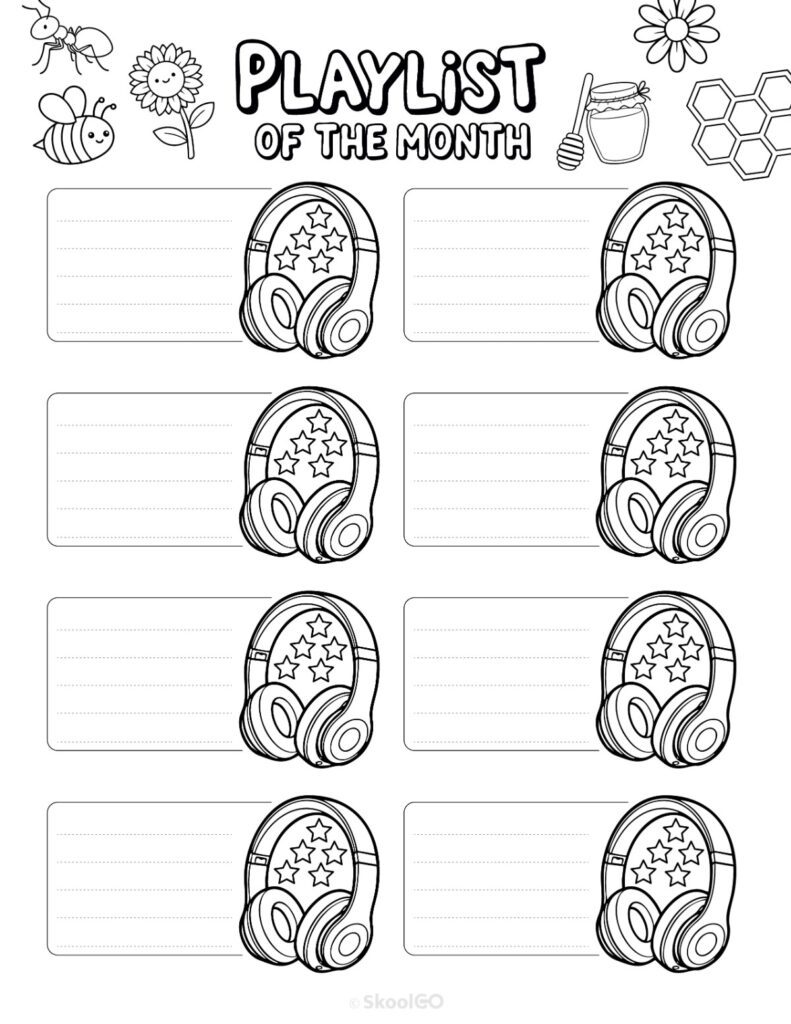 June Playlists Page Black and White Printable June playlists page for journaling, planning, and reminders in black and white
