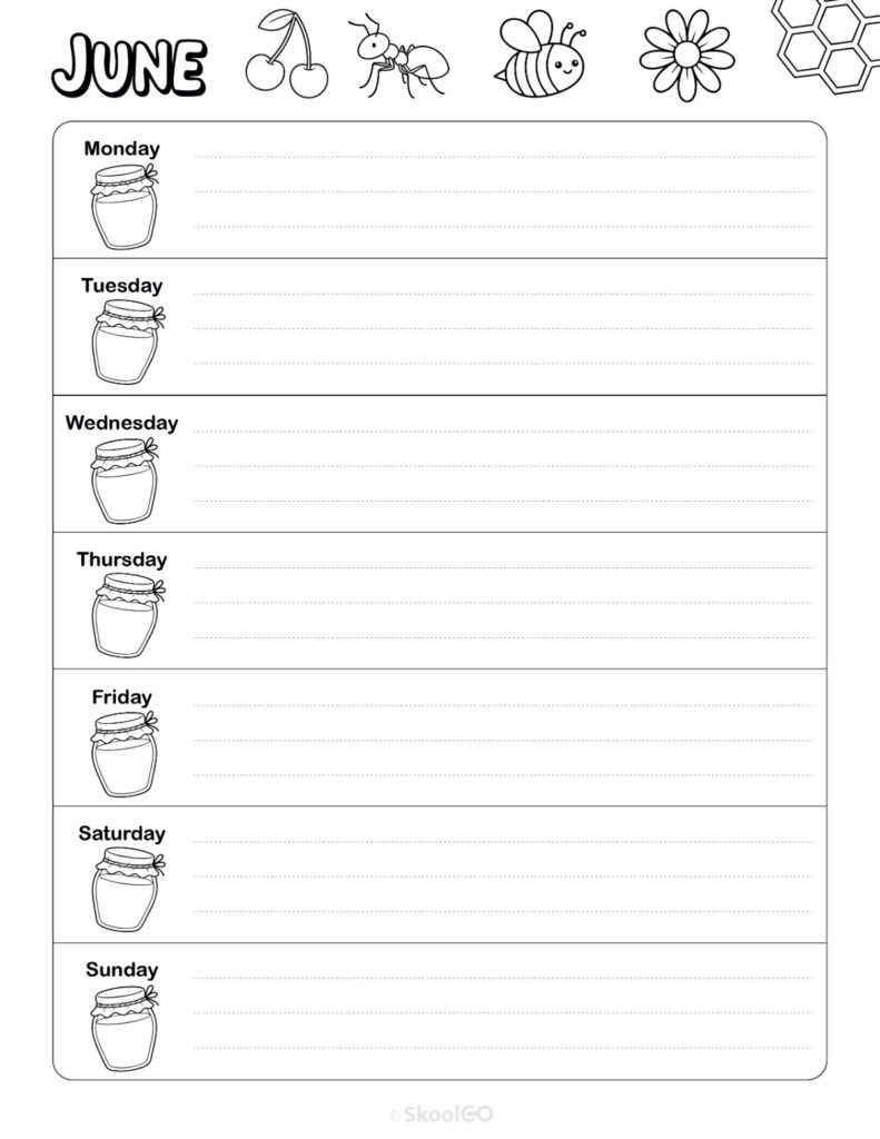 June Weekly Calendar Monday Start Black and White Printable June weekly planner with Monday start and notes section in black and white