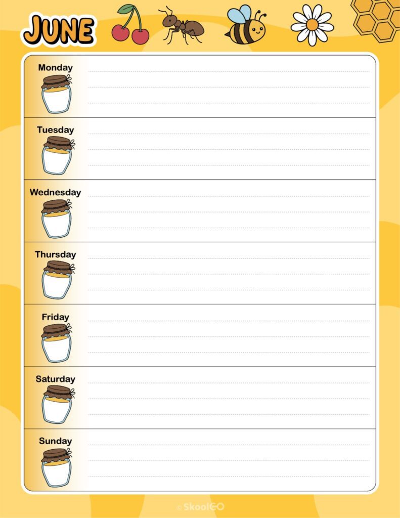 June Weekly Calendar Monday Start Printable June weekly planner with Monday start and notes section