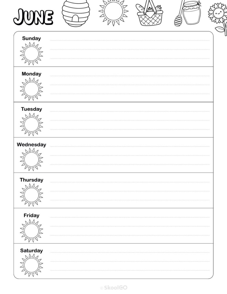 June Weekly Calendar Sunday Start Black and White Printable June weekly planner with Sunday start and notes section in black and white
