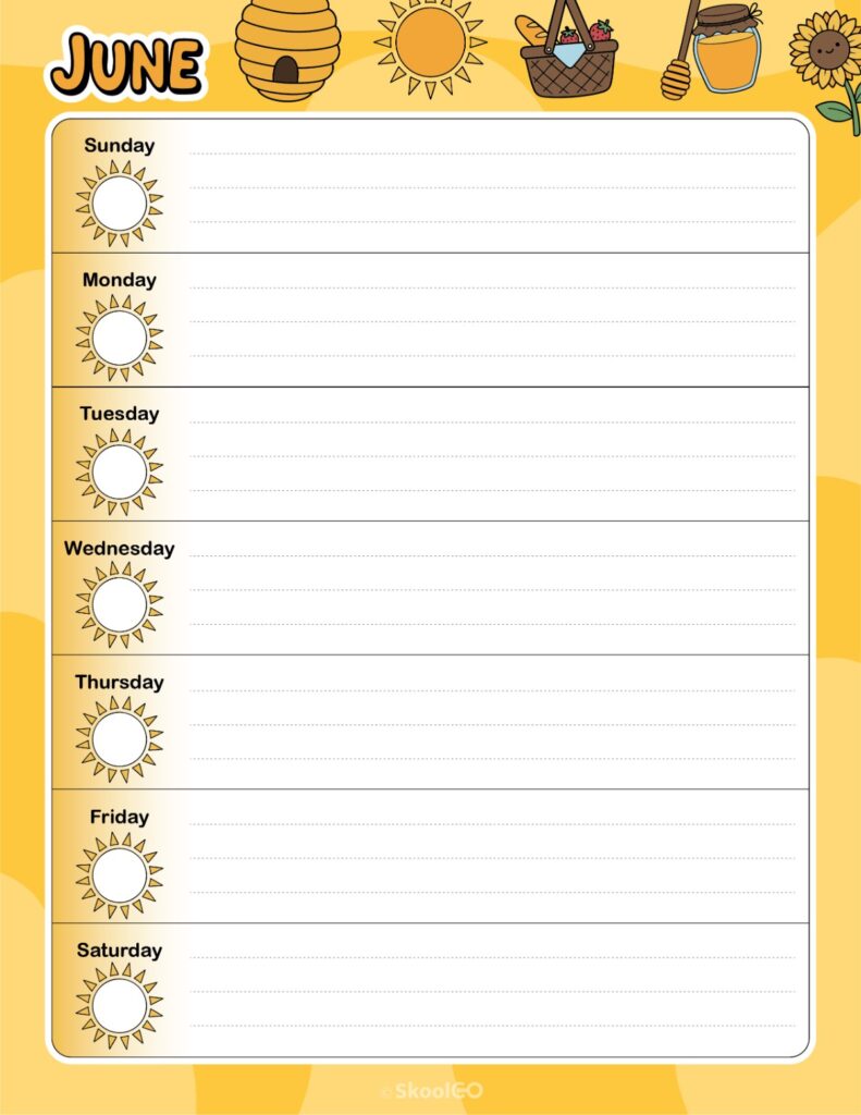 June Weekly Calendar Sunday Start Printable June weekly planner with Sunday start and notes section