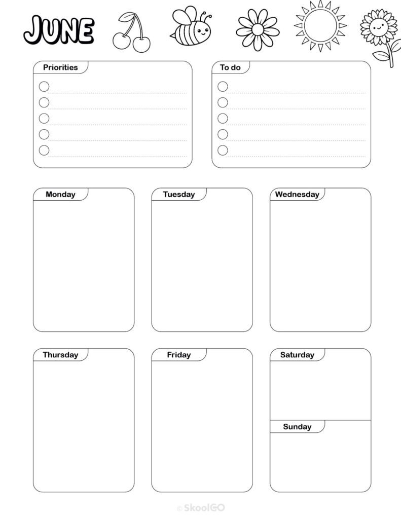 June Weekly Planner Black and White Printable June weekly planner with priorities and to-do list in black and white