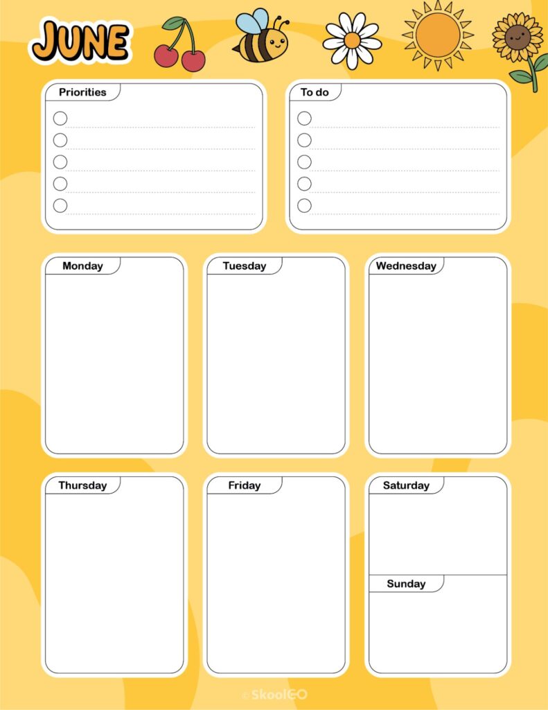 June Weekly Planner Printable June weekly planner with priorities and to-do list