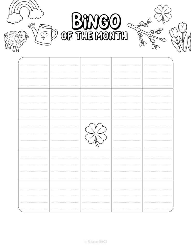 Printable March bingo activity page for journaling and planning in black and white