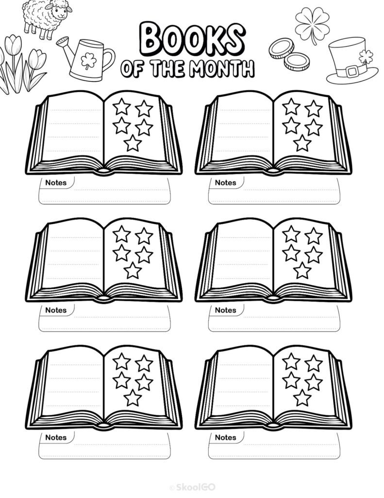 Printable March books page for journaling, planning, and reminders in black and white