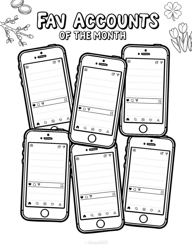 Printable March social networks fav accounts page for journaling, planning, and reminders in black and white