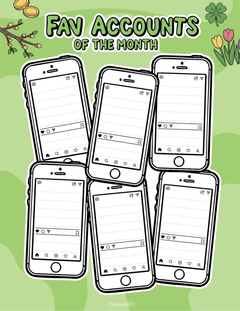 Printable March social networks fav accounts page for journaling, planning, and reminders