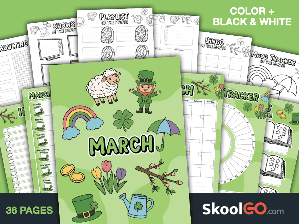 Free Printable March Journal Planner Bundle with calendars, trackers, journals, and planning pages