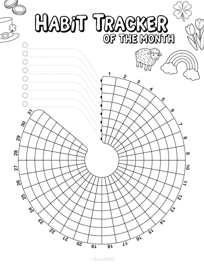 Printable March habit tracker calendar page in black and white