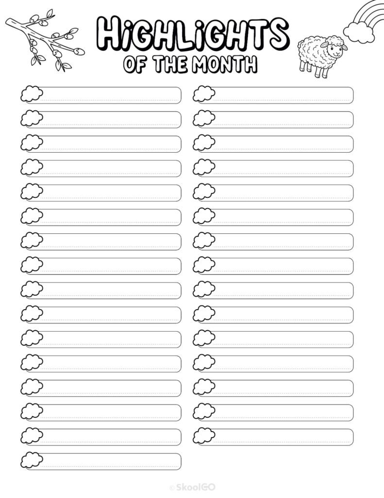 Printable March highlights page for journaling, planning, and reminders in black and white