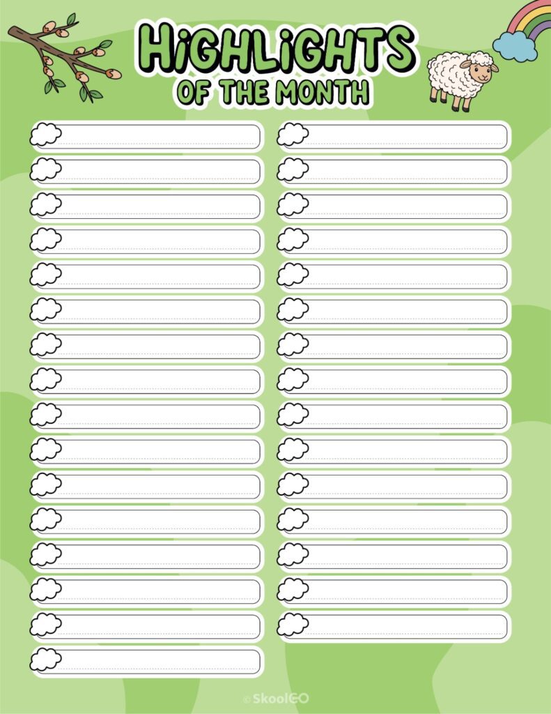 Printable March highlights page for journaling, planning, and reminders