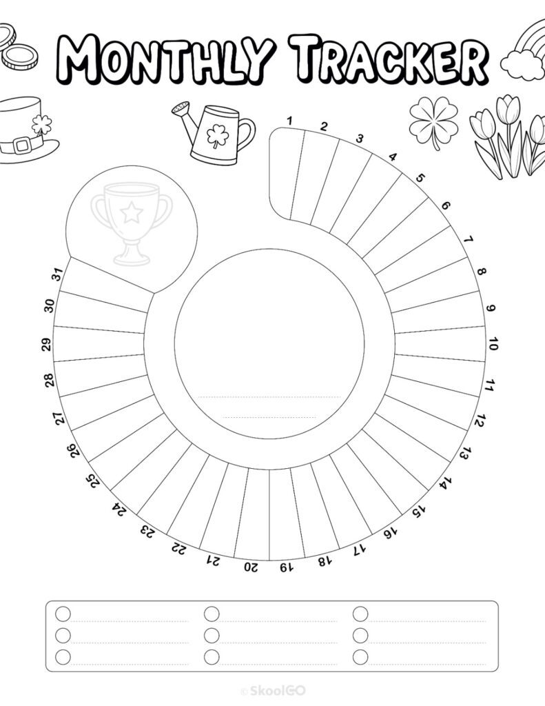 Printable March monthly tracking page in black and white