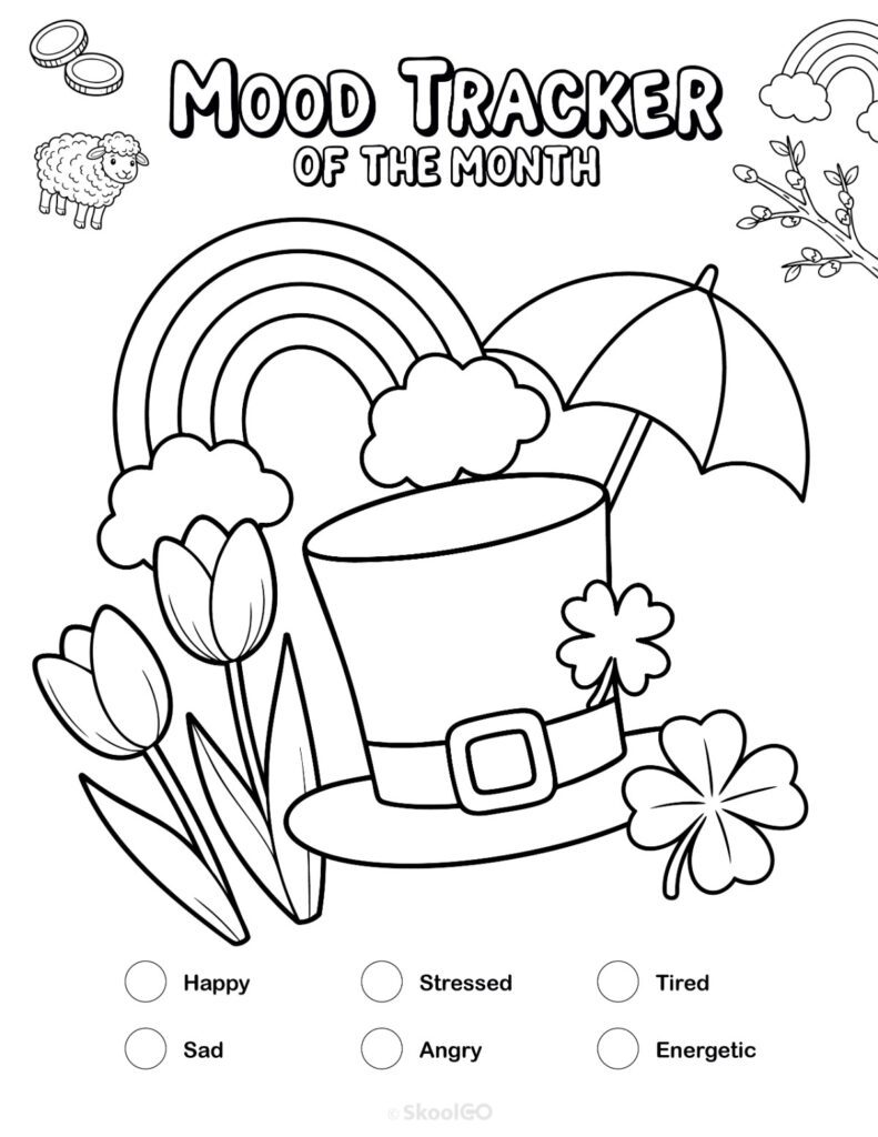 Printable March mood tracker page in black and white