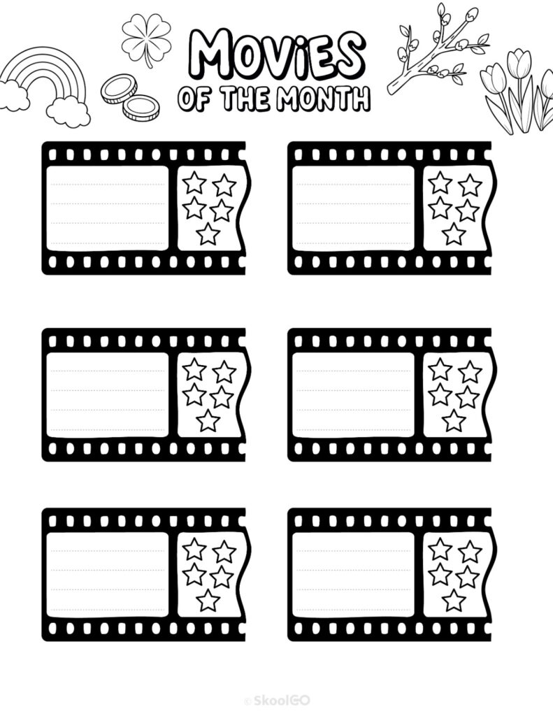 Printable March movies page for journaling, planning, and reminders in black and white