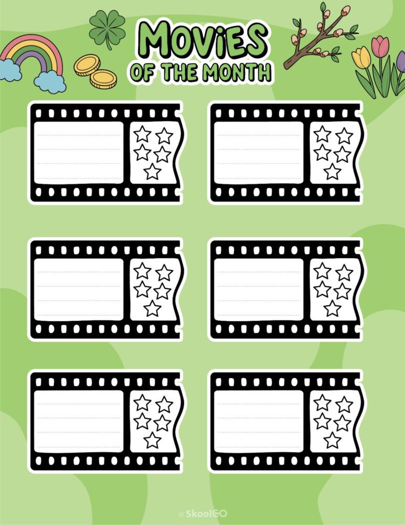Printable March movies page for journaling, planning, and reminders