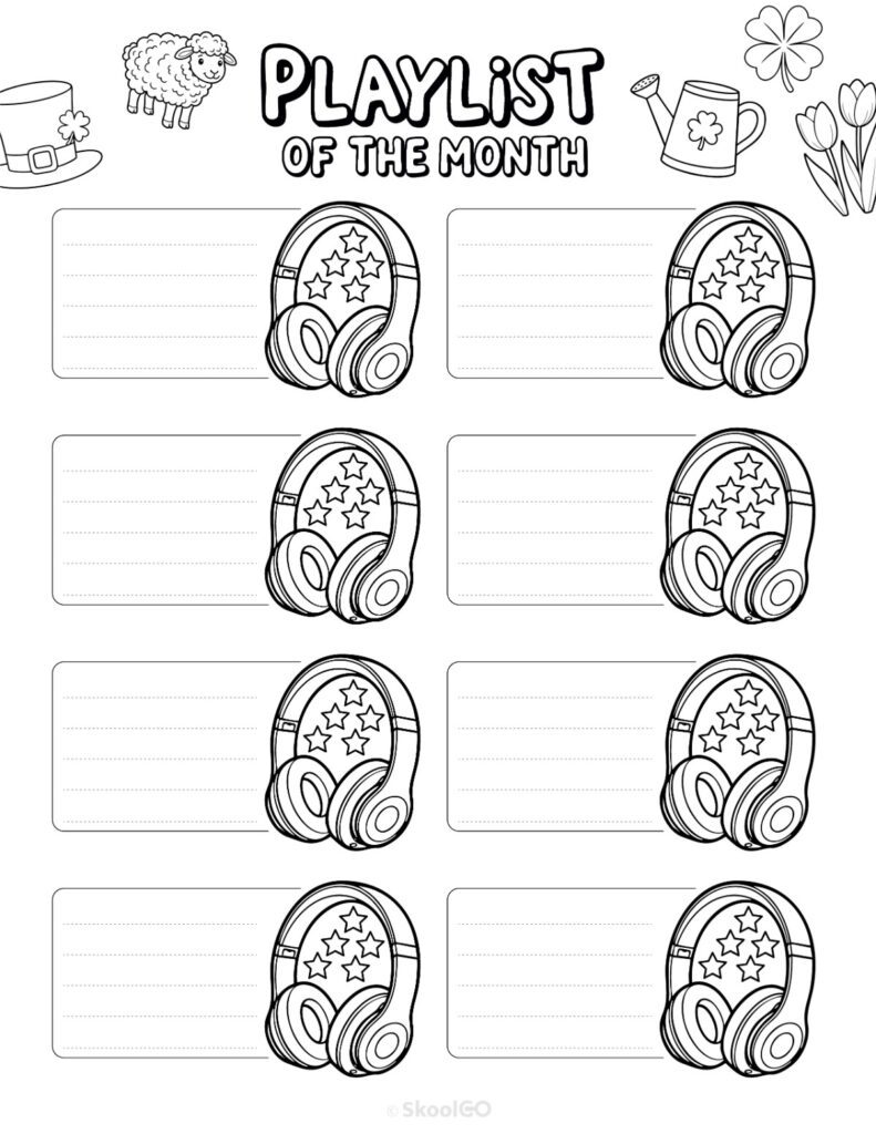 Printable March playlists page for journaling, planning, and reminders in black and white