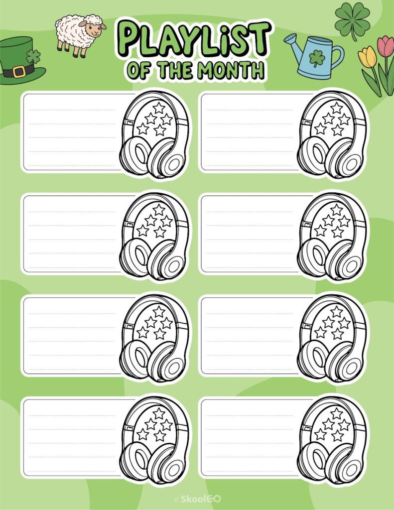 Printable March playlists page for journaling, planning, and reminders