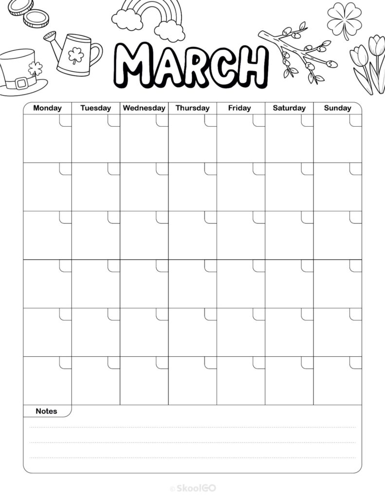 March monthly journal planner printable page in black and white