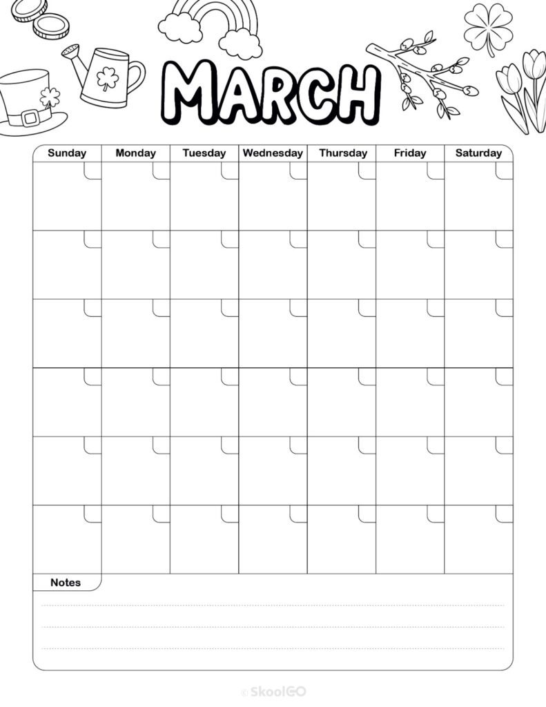 Printable weekly journal planning page for March in black and white