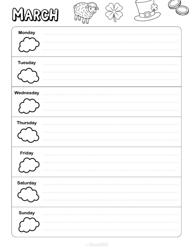 Printable March weekly planner with Monday start and notes section in black and white