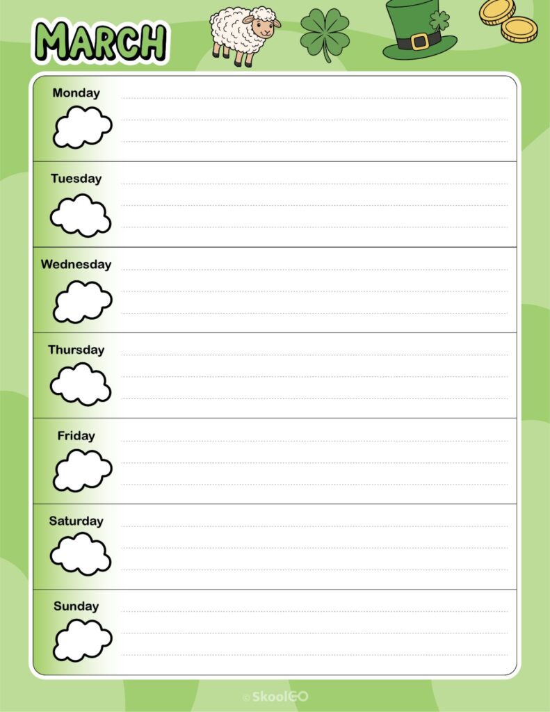 Printable March weekly planner with Monday start and notes section