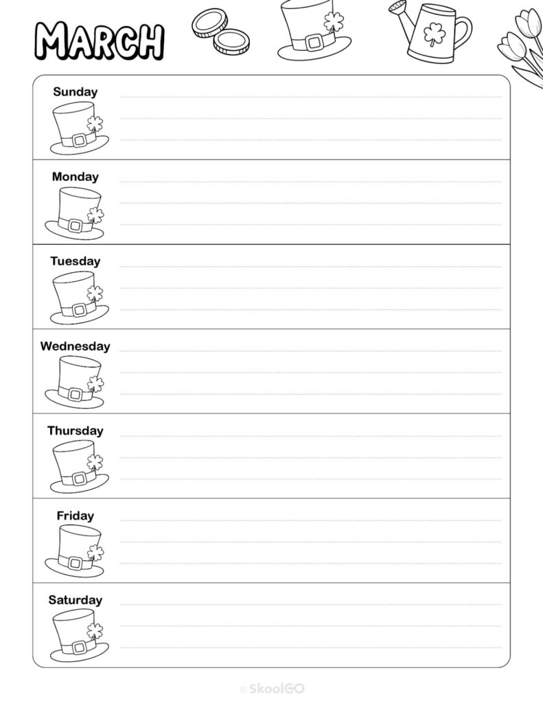 Printable March weekly planner with Sunday start and notes section in black and white