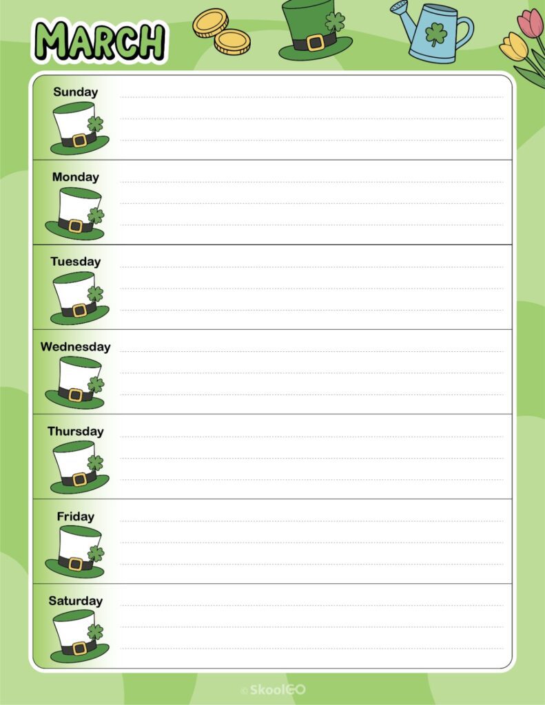 Printable March weekly planner with Sunday start and notes section