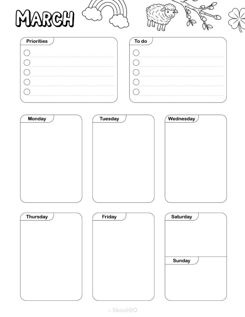 Printable March weekly planner with priorities and to-do list in black and white