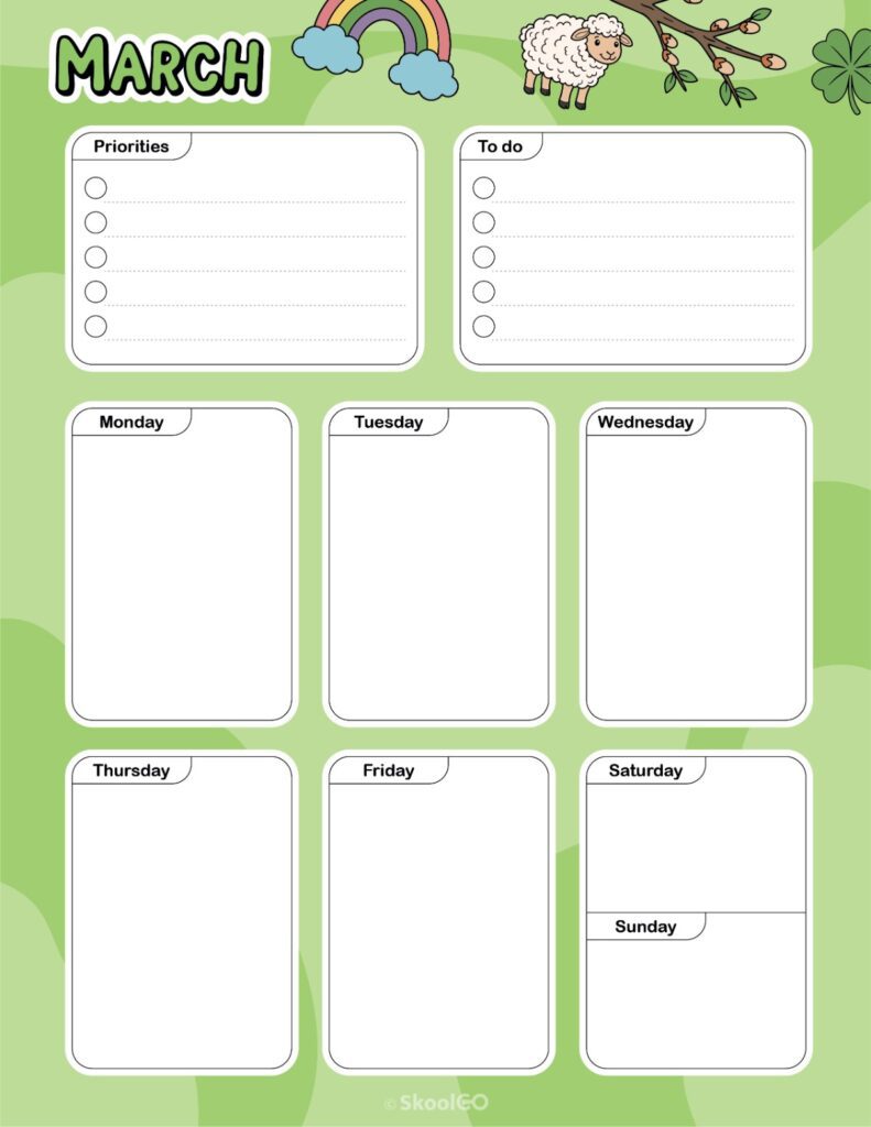 Printable March weekly planner with priorities and to-do list