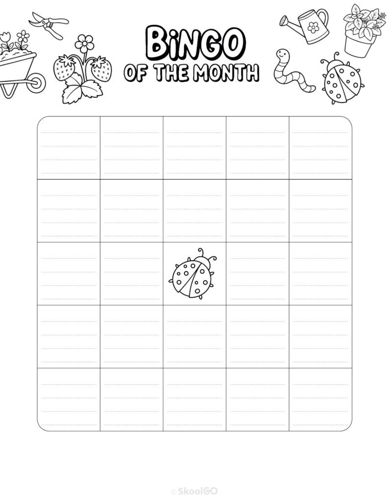 Printable May bingo activity page for journaling and planning in black and white