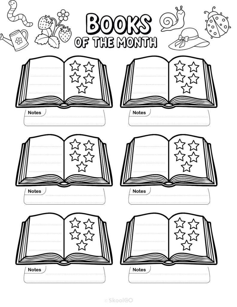 Printable May books page for journaling, planning, and reminders in black and white