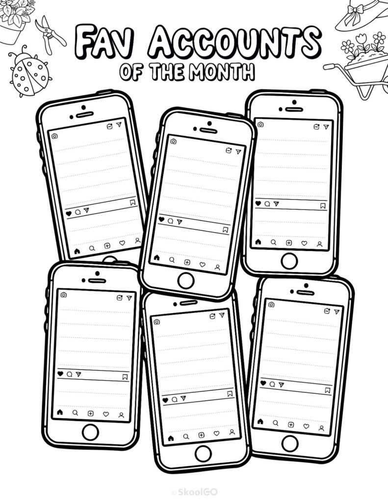 Printable May social networks fav accounts page for journaling, planning, and reminders in black and white