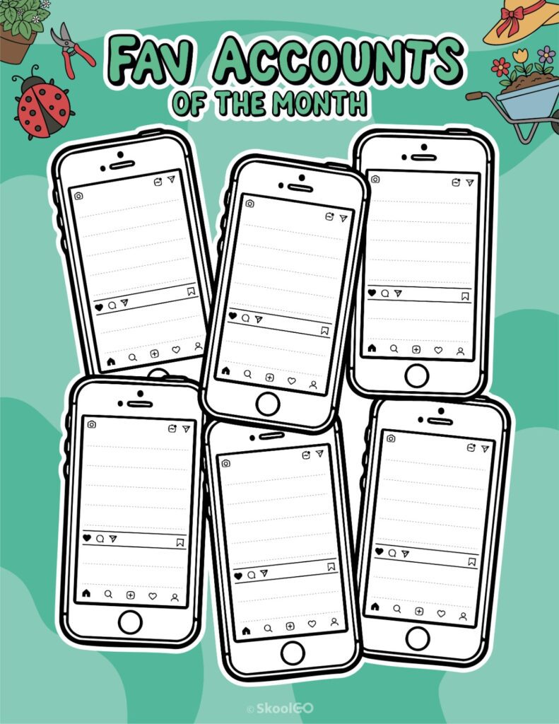 Printable May social networks fav accounts page for journaling, planning, and reminders
